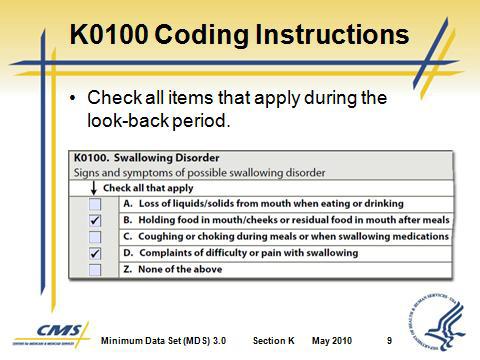 Section K Swallowing/ Nutritional Status D. K0100 Coding Instructions 1. Check all items that apply during the look-back period.