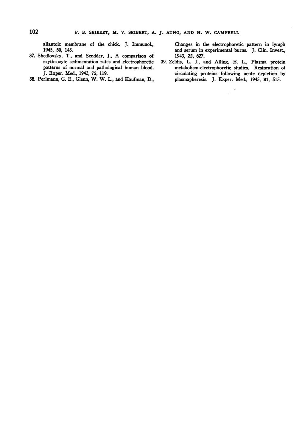 12 F B SEIBERT, M V SEIBERT, A J ATNO, AND H W CAMPBELL llntoic membrne of the chick J Immunol, 1945, 5, 143 37 Shedlovsky, T, nd Scudder, J, A comprison of erythrocyte sedimenttion rtes nd