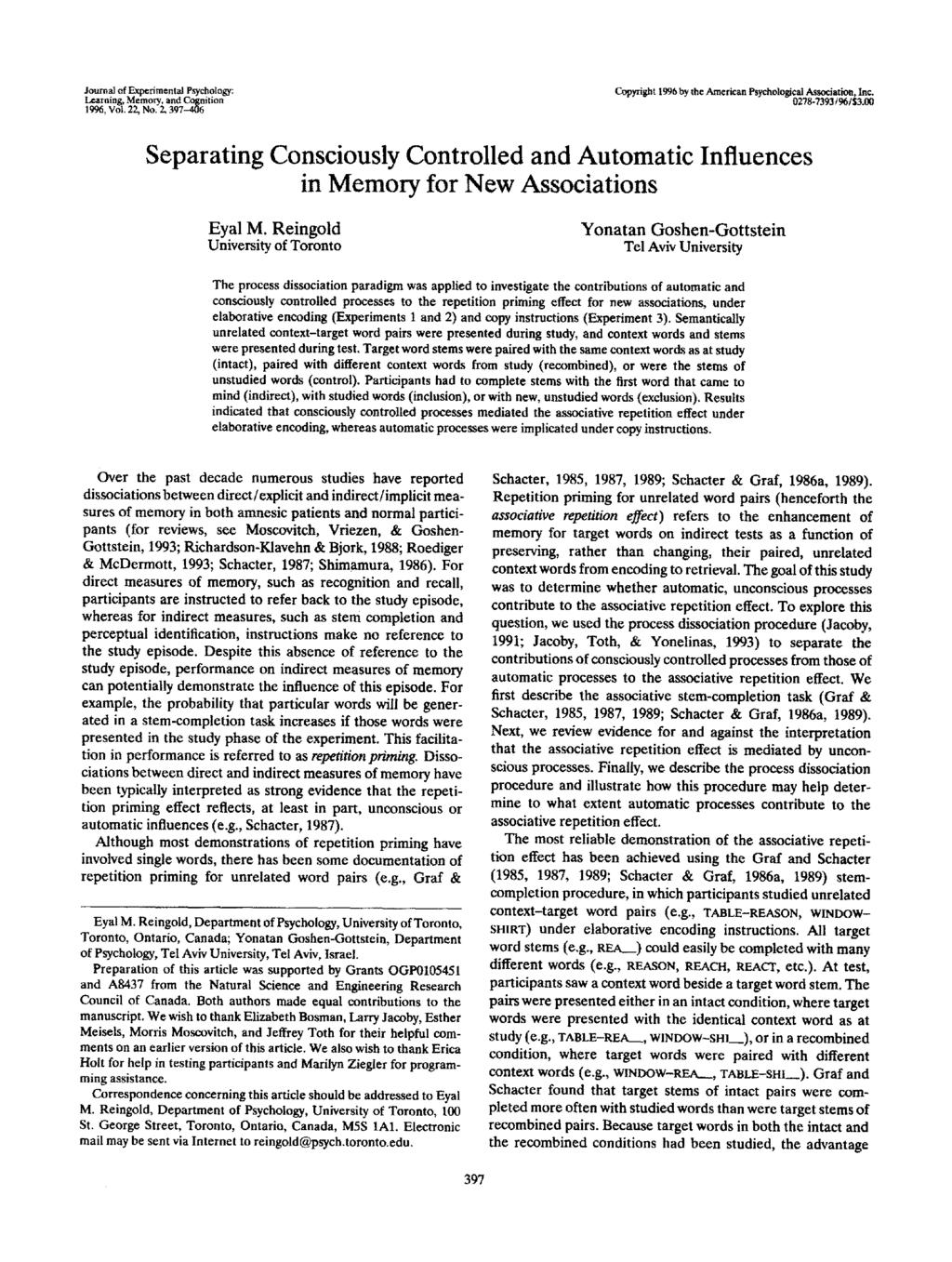 Journal of Experimental Psychology: Learning, Memory, and Cognition 1996, Vol. 22, No. 2, 397-406 Copyright 1996 by the American Psychological Association, Inc. 0278-7393/96f$3.