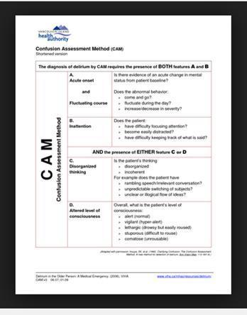 Confusion Assessment Method Four important features of delirium: (CAM) 1.
