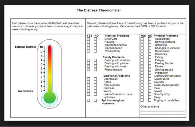 Distress Thermometer (DT) Identifies whether patients with cancer have problems in five