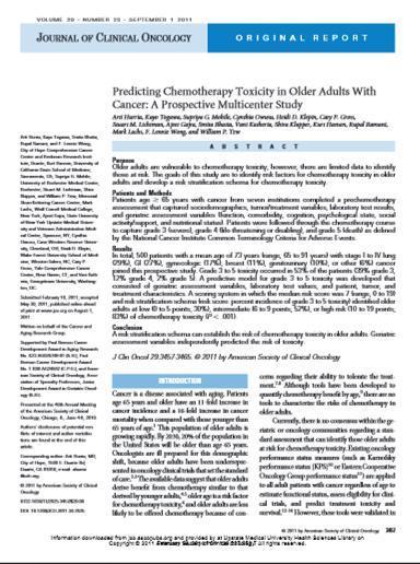 Chemotherapy Predicting chemotherapy toxicity: Age 72 or older Cancer type Standard dosing of chemotherapy Polypharmacy Hgb <11 g/dl CrCl <34 ml/min Hearing impairment