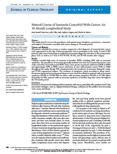 Insomnia Incidence is 3 x higher in patients with cancer 25-69% Higher rates of insomnia in patients with: Breast cancer