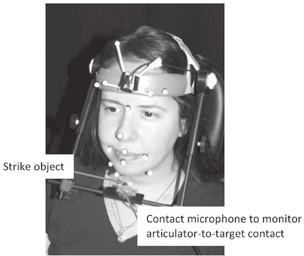 38 Mefferd, Green, & Pattee in Journal of Communication Disorders 45 (2012) Figure 2. Marker placement and experimental set-up during the jaw fixedtarget task.