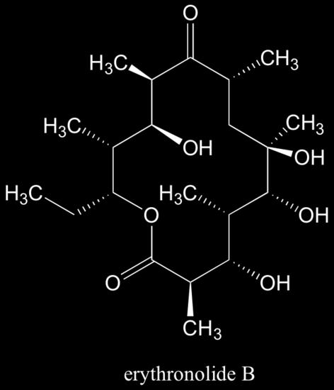 In total, there are 2 10 = 1024 stereoisomers in the erythronolide B family: 1022 of these are diastereomers of the structure above, one is the enantiomer of the structure above, and the last is the