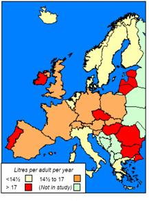 Alcohol consumption: The EU is the heaviest drinking region of the world 10. Total alcohol consumption in the EU amounts to an average of 11 litres of pure alcohol drunk per adult each year 11.