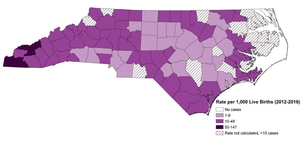 Hospitalizations Associated with Drug Withdrawal Syndrome in Newborns per 1,000 Live Births, North Carolina Residents, 2012-2016 Jackson County hospitalization rate, 2012-2016 25.