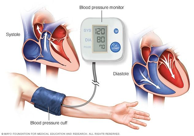 Blood pressure Systolic (top number) over Diastolic (bottom number) Normal- around 120/ 80 Measures the pressure exerted by
