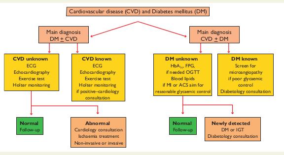 Investigational algorithm outlining the principles for the diagnosis and management of CVD in DM patients with a primary diagnosis of DM or a primary diagnosis of CVD.