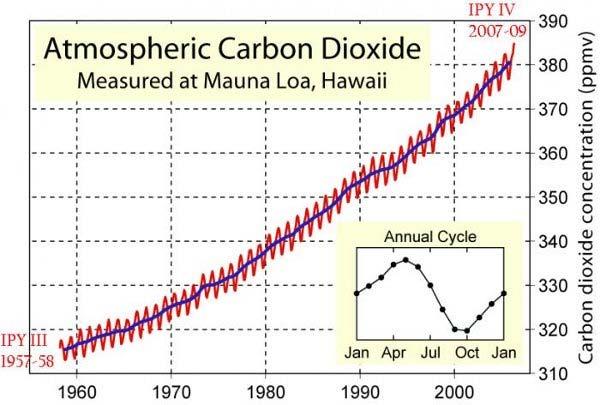 The graph given below shows changes in concentration of carbon dioxide in the atmosphere over a 47-year span at Mauna Loa observatory at Hawaii, and the annual variation of this concentration.