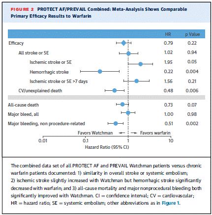Page 2620. Figure 2. PROTECT AF/PREVAIL combined meta analysis shows comparable primary efficacy results to warfarin. Holmes DR et al.
