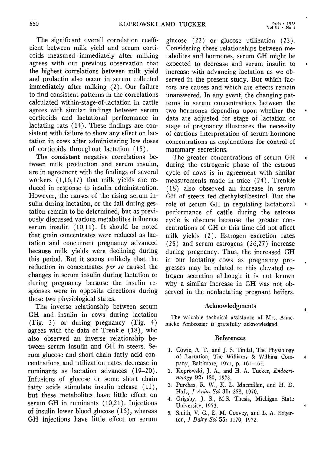 650 KOPROWSKI AND TUCKER Endo Vol 93 1973 No 3 The significant overall correlation coefficient between milk yield and serum corticoids measured immediately after agrees with our previous observation