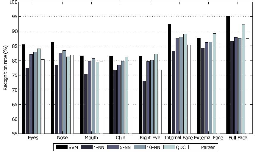 On FERET database Experiments Results Nose was the most relevant part (except using QDC) Nose and eyes were more discriminant than mouth and chin External face was