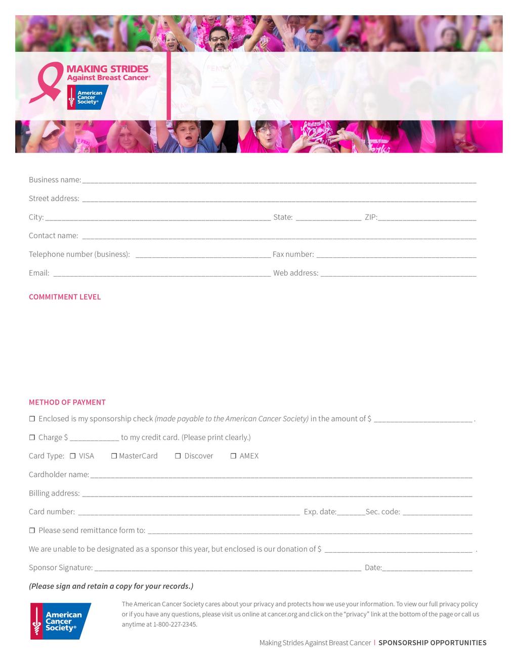 Making Strides Against Breast Cancer of Point Pleasant Beach 2018 SPONSORSHIP COMMITMENT FORM $17,500 Flagship $7,500 Platinum $5,000 Gold $2,500 Silver $1,500 Business Village Table $1,000 Pink