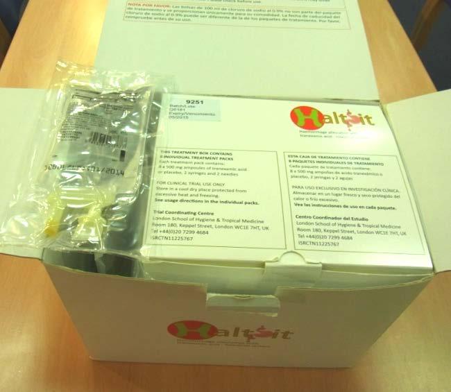 Treatment pack contains: o 8 x 500mg ampoules of TXA or placebo o 2 x sterile 10mL syringe