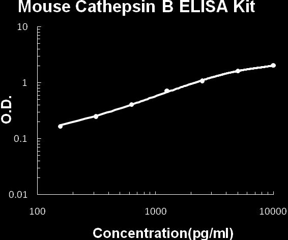 Typical Data Obtained from Mouse Cathepsin B (TMB reaction incubate at 37 C for 15 min) Concentration(pg/ml) 0 156 312 625 1250 2500 5000 10,000 O.D 0.072 0.216 0.374 0.558 0.920 1.309 1.926 2.