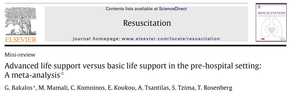 ALS versus BLS Systematic review 1,081 studies, 18 used ALS increases survival in