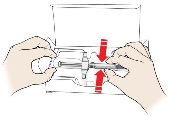 Place finger or thumb on edge of the tray to secure it while you remove the syringe(s).