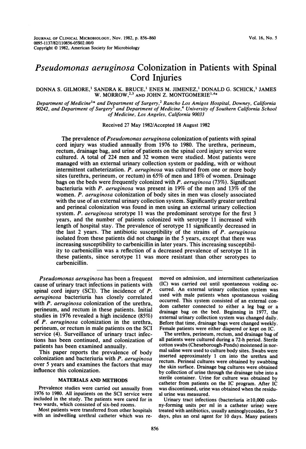 JOURNAL OF CLINICAL MICROBIOLOGY, Nov. 1982, P. 856-860 0095-1137/82/110856-05$02.00/0 Copyright 1982, Americn Society for Microbiology Vol. 16, No.
