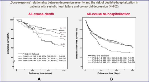 Depression/HF/Mortality Effect sizes and 95% confidence intervals among studies reporting associations between depression and mortality and secondary events (8