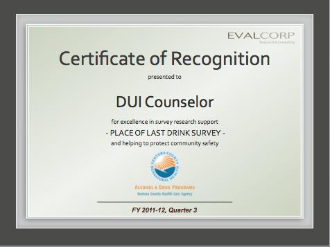 POLD Survey Quality Assurance Measures Quarterly Recognition Program for DUI Counselors Each quarter 4 counselors are awarded with a letter