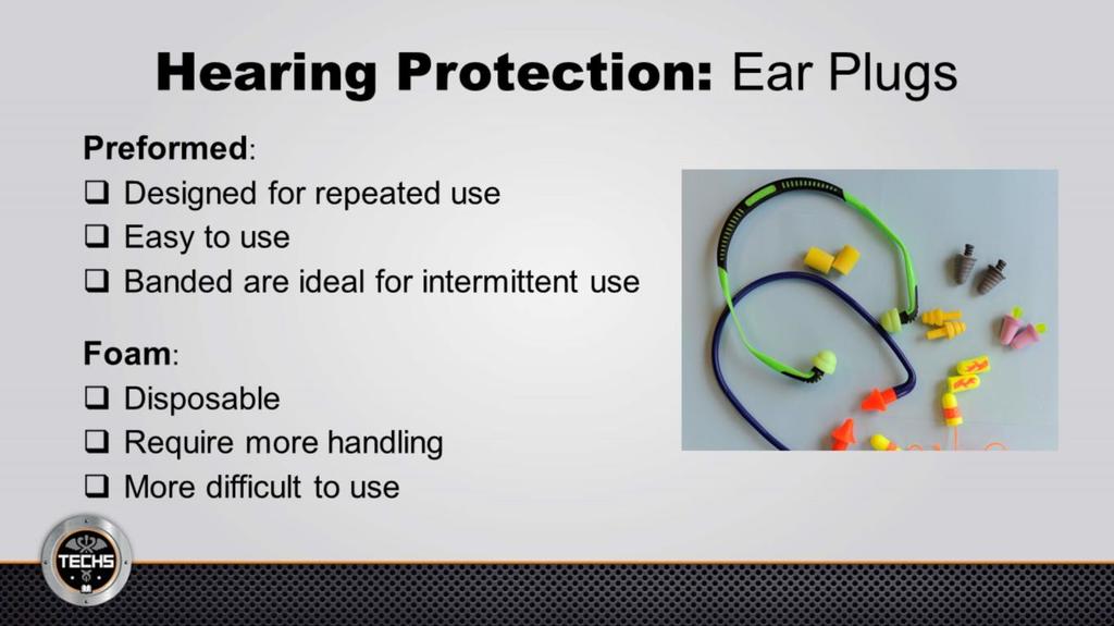 There are two types of ear plugs: preformed and foam. Preformed ear plugs: They are designed for repeated use. They are easy to use. They don t require rolling like the foam plugs.