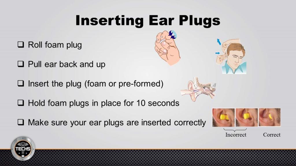 How to properly insert ear plugs: Roll foam plugs into a tight cylinder. Next, with your free hand pull your ear back and up to straighten the ear canal. Now, insert the foam or preformed ear plug.