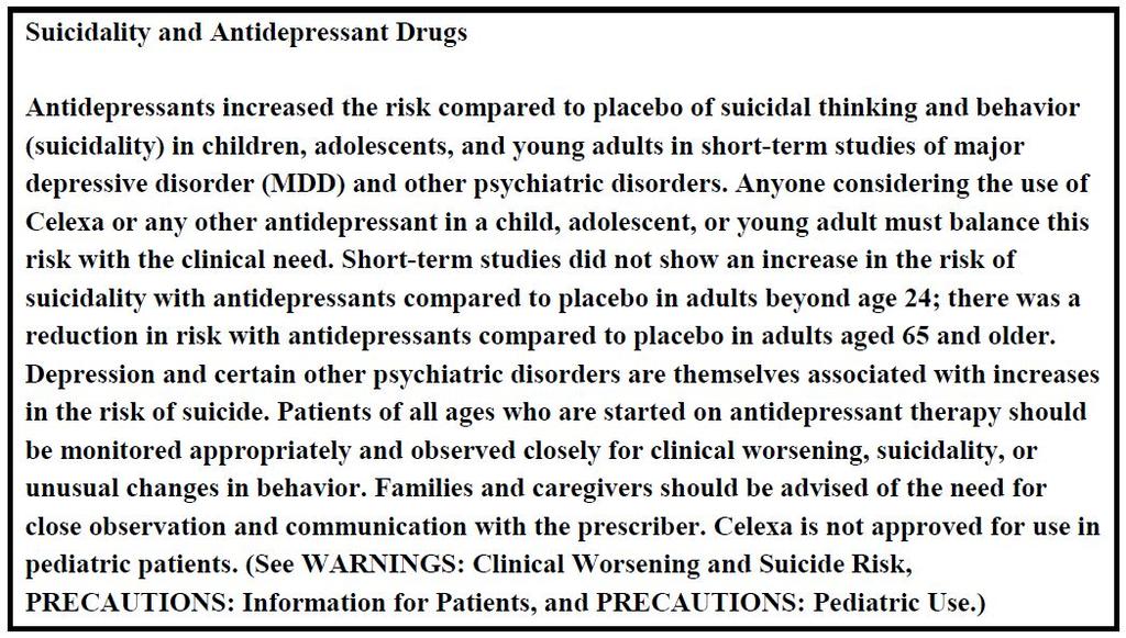 BACKGROUND CELEXA (CITALOPRAM) UTILIZATION AND DOSING MANAGEMENT In May 2007, the FDA issued a notice that the agency was updating the black box warning for antidepressants to include warnings about