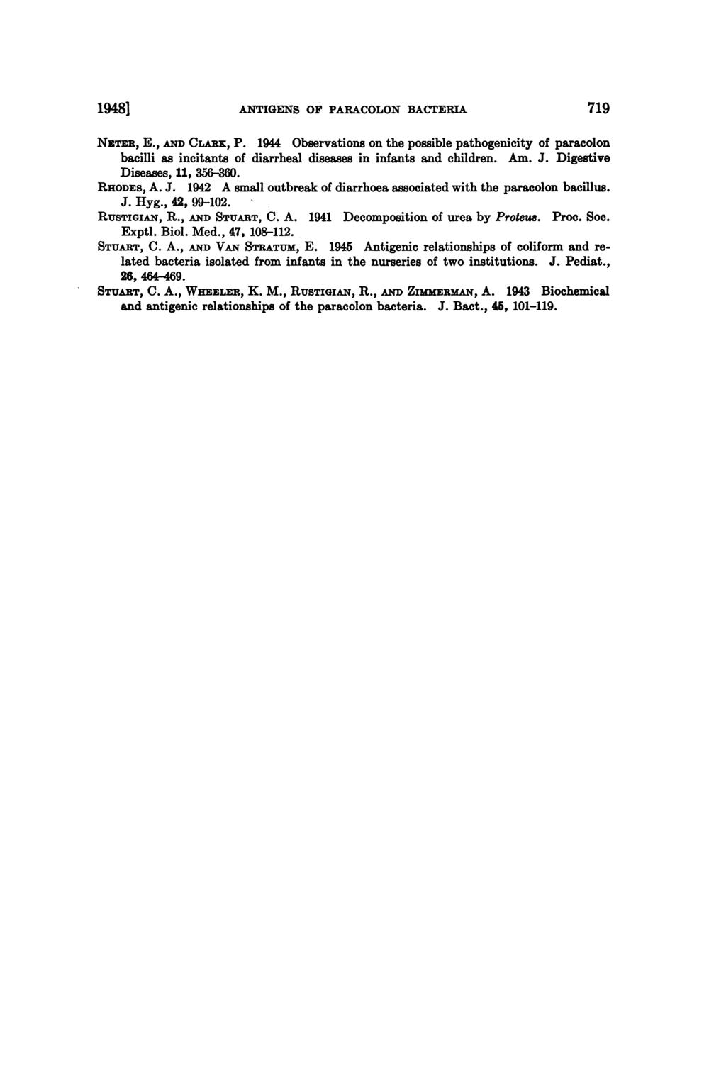 1948] ANTIGENS OF PARACOLON BACTERI 719 NETER, E., A.D CTL-RK, P. 1944 Observations on the possible pathogenicity of paracolon bacilli as incitants of diarrheal diseases in infants and children. Am.