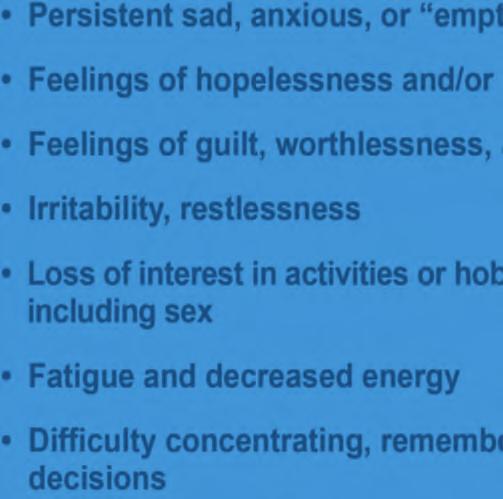 helplessness Irritability, restlessness Loss of interest in activities or hobbies
