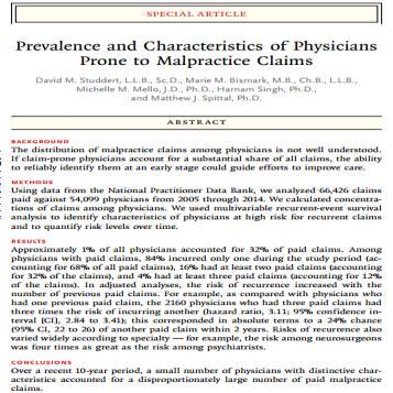 January 26, 2016 Approximately 1% of all physicians accounted for 32% of paid claims Laser accidents 2 Cosmetic filler 1 Isotretinoin complications 3 Missed melanoma 6 Chloroquine 1 TEN/SJS 1 NMSC 1