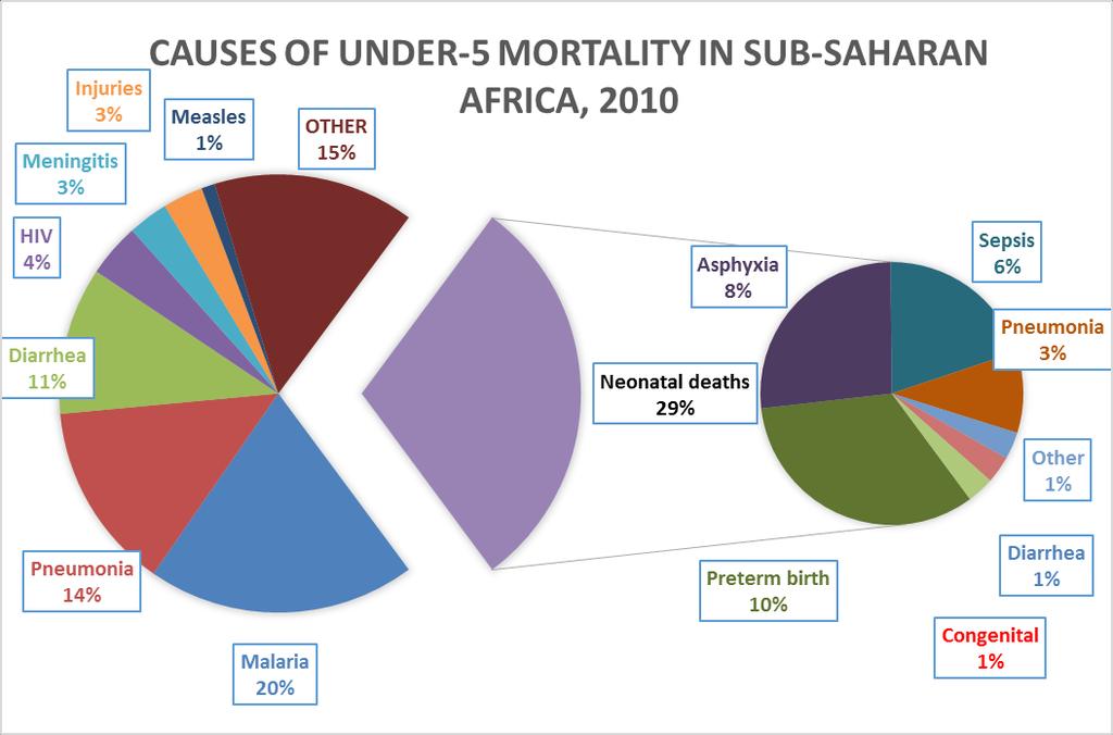 36 P a g e Figure 5: Sub-Saharan estimates of causes of child death 96 Median coverage of key interventions is low in high-burden countries Delivery platforms must be able to overcome bottlenecks and