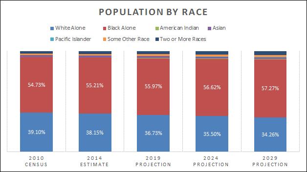 RACE AND ETHNICITY In analyzing race and ethnicity, the population is heavily concentrated in the two largest race segments.