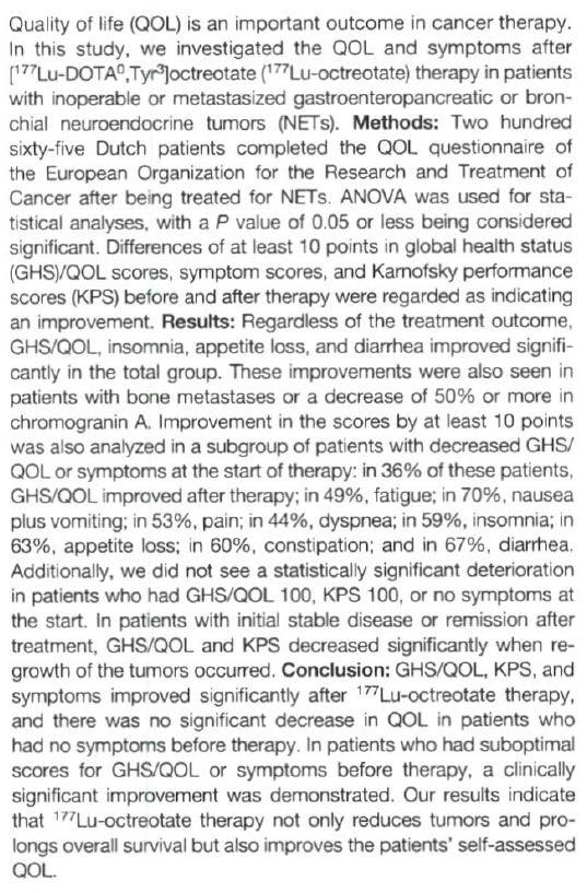 J Nucl Med 2011; 52:1361-1368 Conclusion: GHS/QOL, KPS, and symptoms improved significantly after Lu-177 octreotate therapy, and there was no significant decrease in QOL in patients who had no