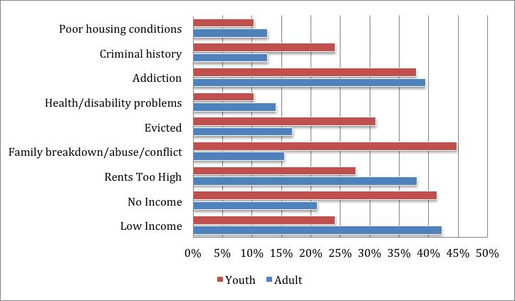 4.2.8. WHAT BARRIERS DO HOMELESS YOUTH FACE? Youth reported facing an average of 2.5 barriers to housing, while adults reported an average of 2.1 barriers.