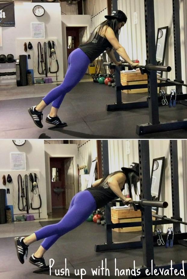 Reverse to forward lunge x 5/side Slow mountain climber x 12/side Two: Romanian deadlift x 12 Push up (hands elevated if needed) x 12 Wall band pull apart x 12 Dumbbell front squat x 12 High plank