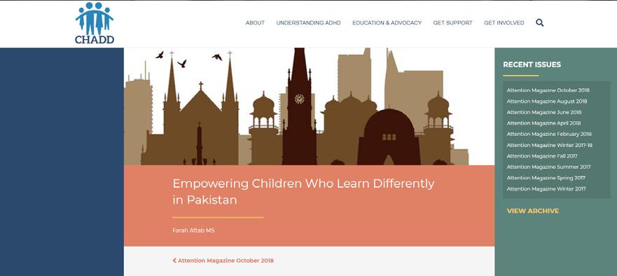 'Attention Magazine' written by our senior psychologist Ms. Farah Aftab on 'Empowering Children who Learn Differently in Pakistan'.