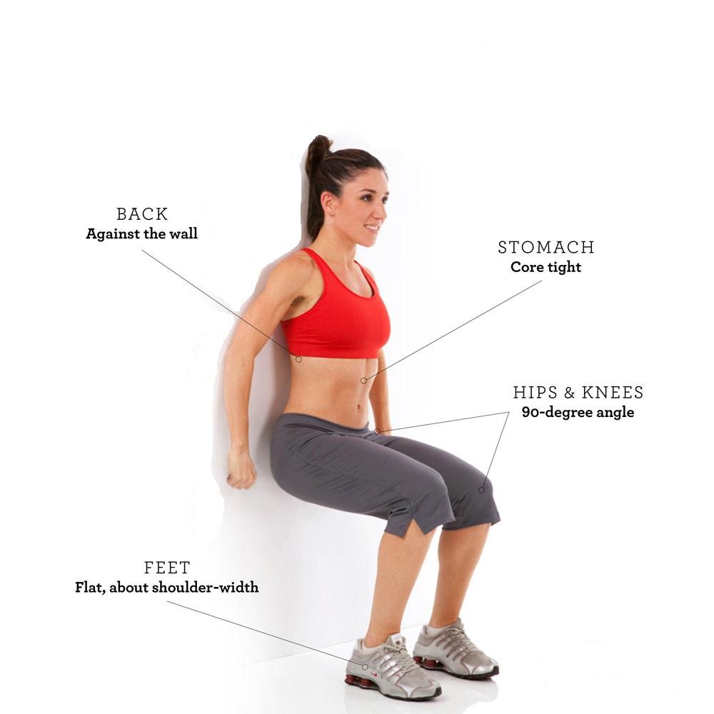 Wall Sit 1. Make sure your back is flat against the wall. 2. Set your feet about shoulder-width apart and then about 1 foot out from the wall. 3.