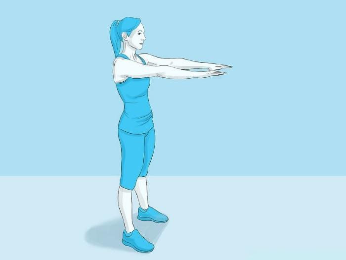 Squat 1. Stand with your head facing forward and your chest held up and out. 2. Place your feet shoulder-width apart or slightly wider.