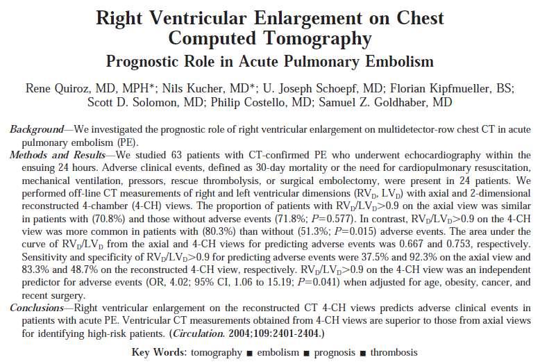 Patients with right heart dysfunction defined as RV D /LV D > 0.9 have a significantly higher chance of adverse events within 30 days.