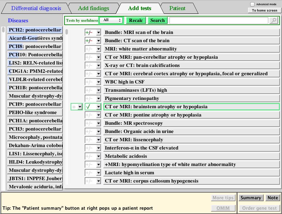 Using the Add tests, we can comment on the results of the scan Figure 21: Entering findings using the 'Add (useful) tests' tab TIP The differential diagnosis automatically recalculates