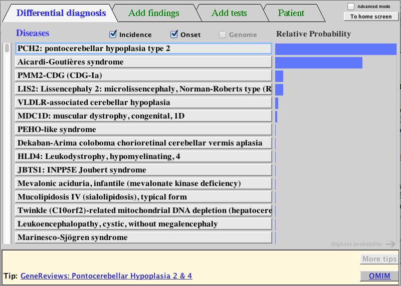 Figure 3: The user can click on a disease to show disease-related links Regular sources include GeneReviews, OMIM (Online Mendelian Inheritance in Man), Orphanet, as well as many