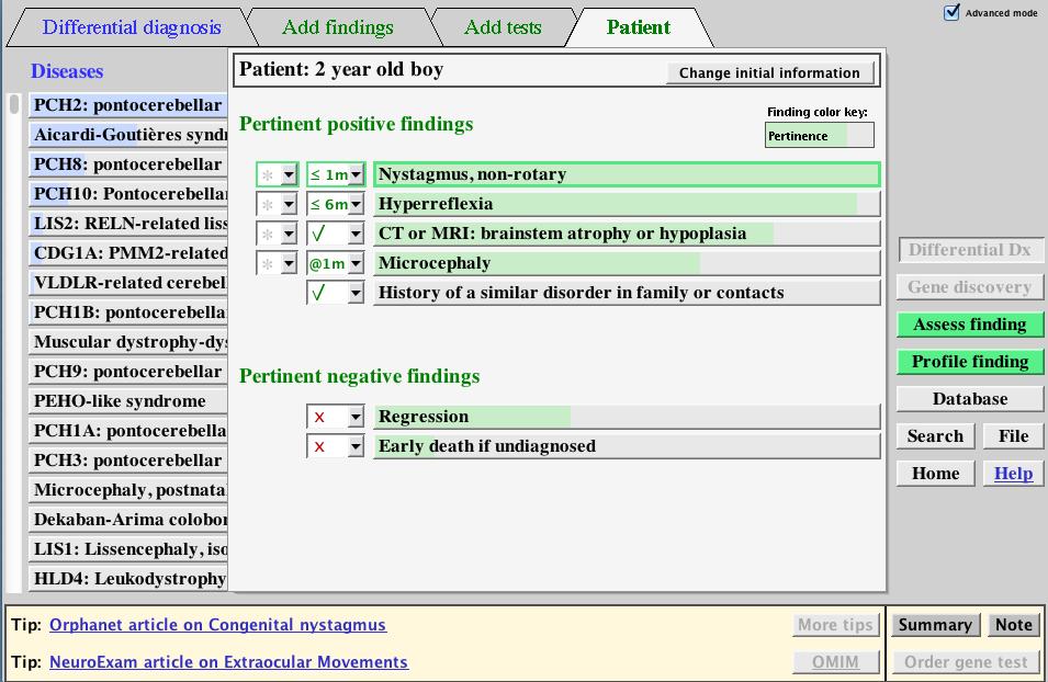 By clicking on Nystagmus the Assess finding and Profile finding buttons will