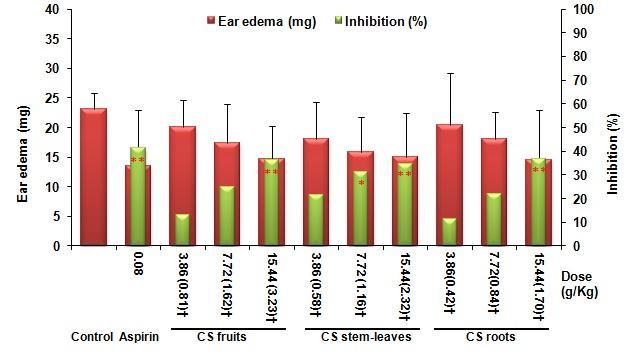 56 P a g e Figure 1. Effect of ethanol extracts from CS fruits, CS stem-leaves, and CS root on xylene-induced ear edema in mice after oral administration at dose of 3.86, 7.72, and 15.