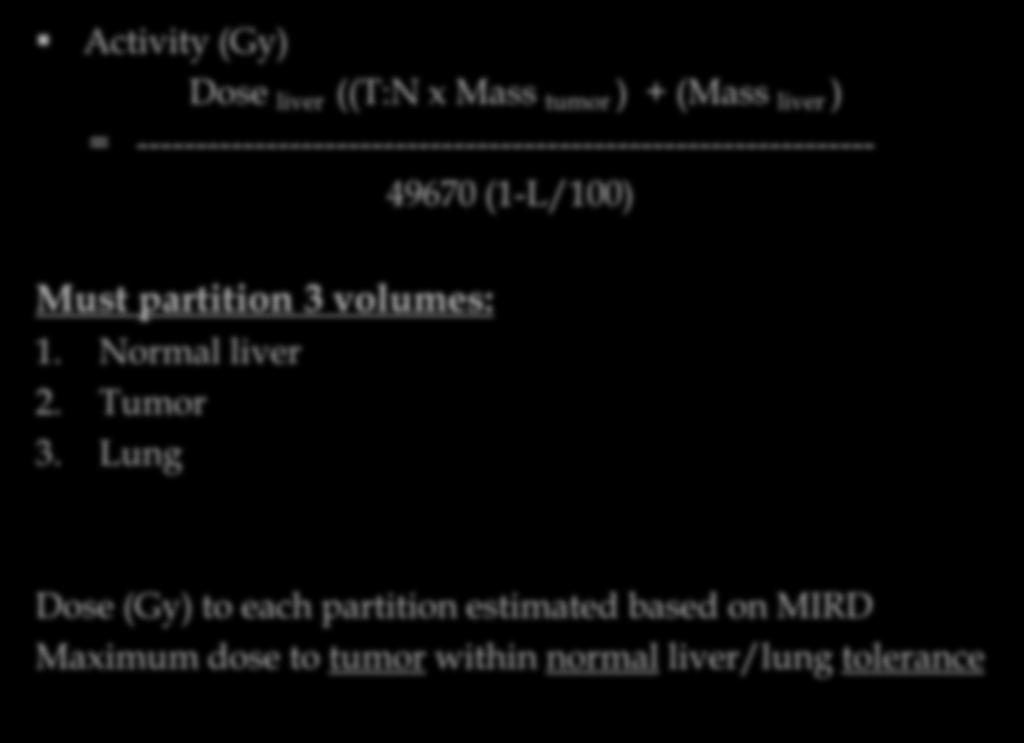 Partition Method Activity (Gy) Dose liver ((T:N x Mass tumor ) + (Mass liver ) = --------------------------------------------------------------- 49670 (1-L/100)