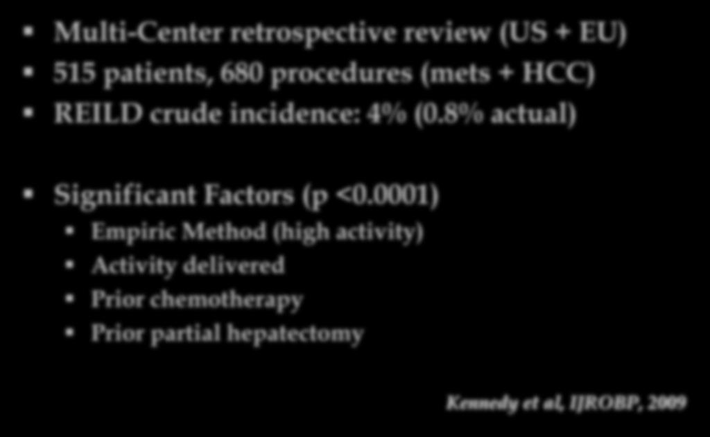 REILD Risk Factors Multi-Center retrospective review (US + EU) 515 patients, 680 procedures (mets + HCC) REILD crude incidence: 4% (0.