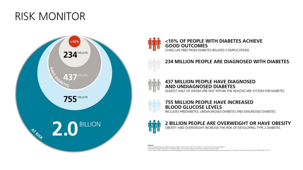 THE RISK MONITOR The Risk Monitor is a framework visualizing the populations at highest risk of developing type 2 diabetes and serve as a supportive tool to the Rule of Halves analysis.