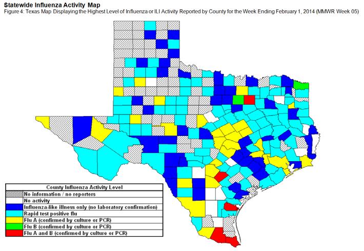 Texas and National Influenza and ILI Activity Map 2: Texas County Specific Influenza Activity, 05 Influenza activity level corresponds to current MMWR week only and does not reflect previous weeks'
