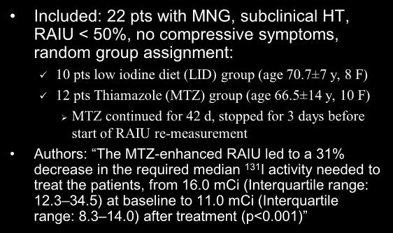 Stimulating Low Uptake Multinodular Goiter with Anti-thyroid Drugs Prior to I-131 Therapy: A Better Therapeutic Response? Abstract Presented at 2002 SNM Annual Meeting. Tulchinsky, M. et al.