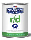 r/d Weight control for obese or overweight dogs Low fat/high fiber Decreased caloric intake, reduces body fat while